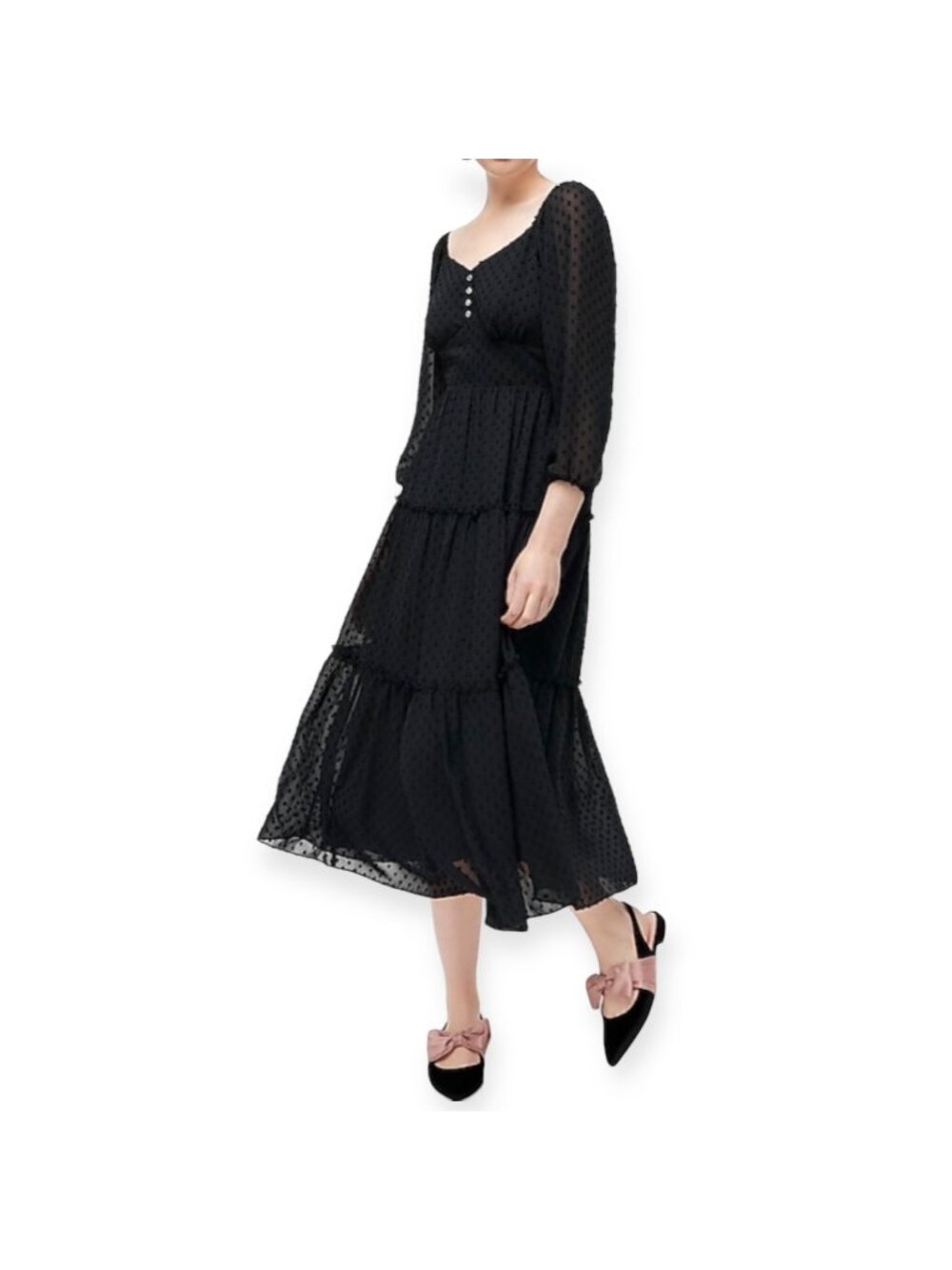 J.Crew Swiss Dot Tiered Midi Dress Black Long Sleeve Sheer Size 2 NWT